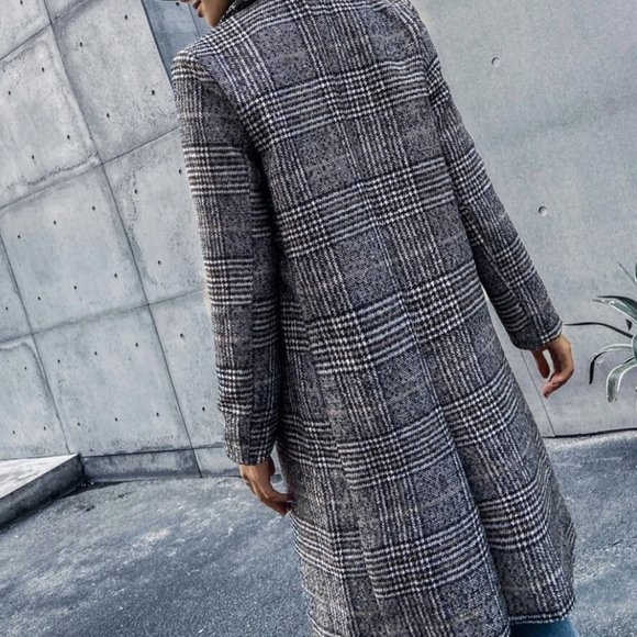 plaid double breasted pea coat winter jacket gray - Picture 4 of 4